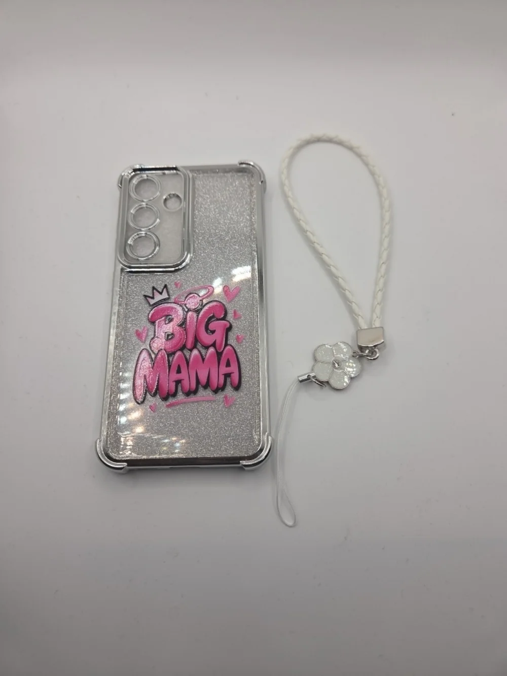 Clear Glitter 'Big Mama' Phone Case with White Wrist Strap